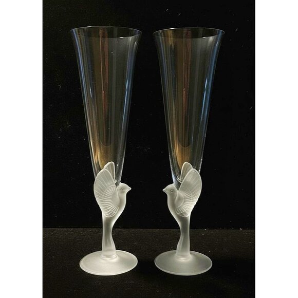 Crystal SASAKI Champagne Flute With Frosted Birds Doves Stem 9"Elegant Design - Picture 1 of 6